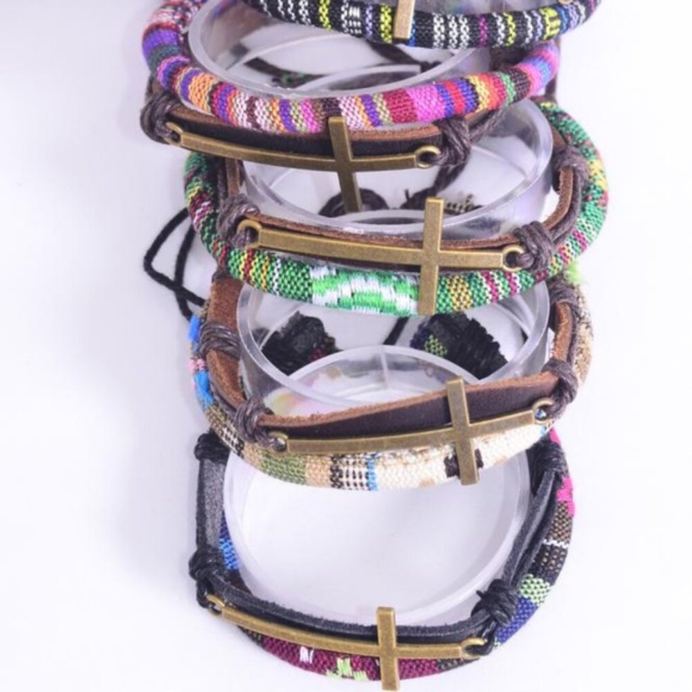 27218 Dozen Pack Leather Sideways Cross Macrame Wrap Mix Bracelets Wholesale